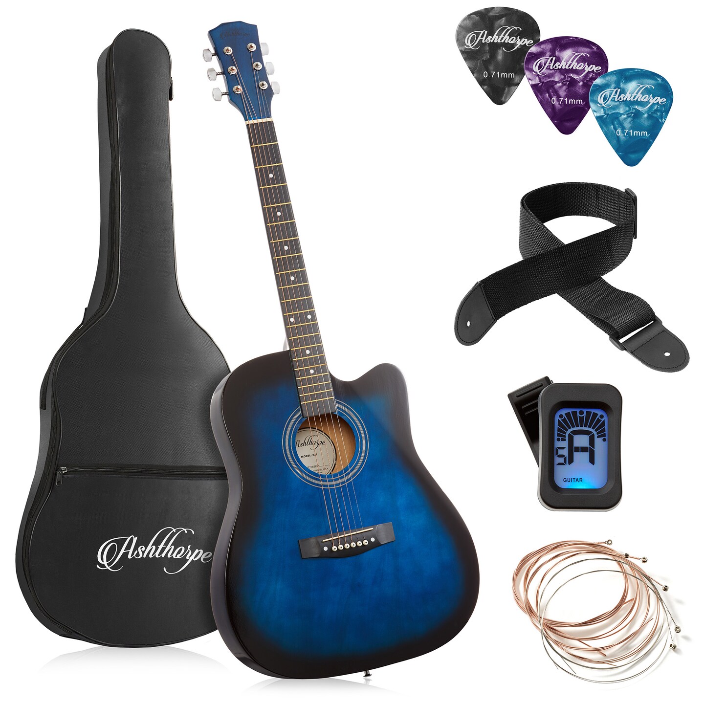 Ashthorpe 41-inch Beginner Cutaway Acoustic Guitar Package, Full Size Basic Starter Kit w/ Gig Bag, Strings, Strap, Tuner, Picks