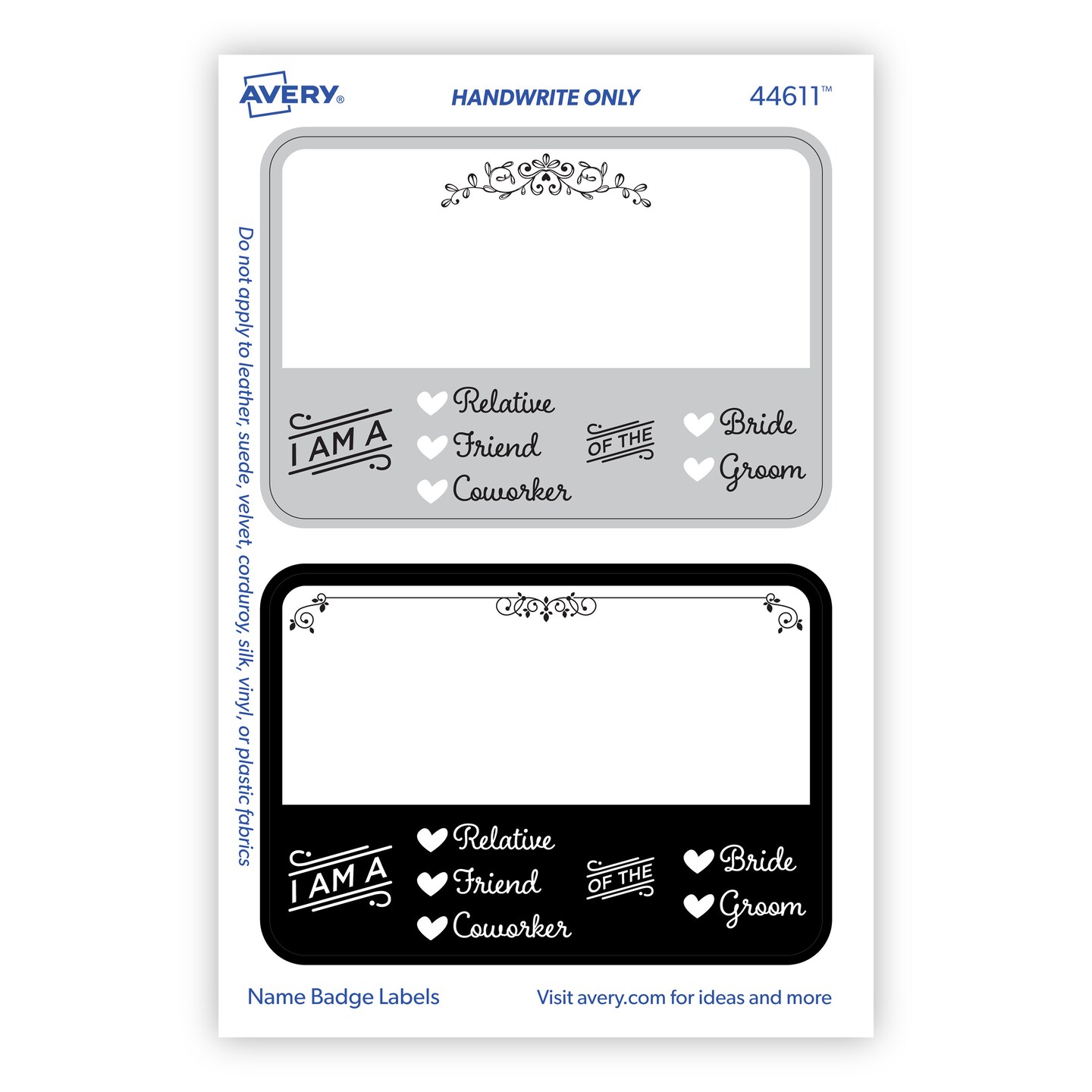 Avery Adhesive Name Tags, Wedding Guest, Black &#x26; Gray, 2-1/3&#x22; x 3-3/8&#x22;, 36 Name Stickers (44611)