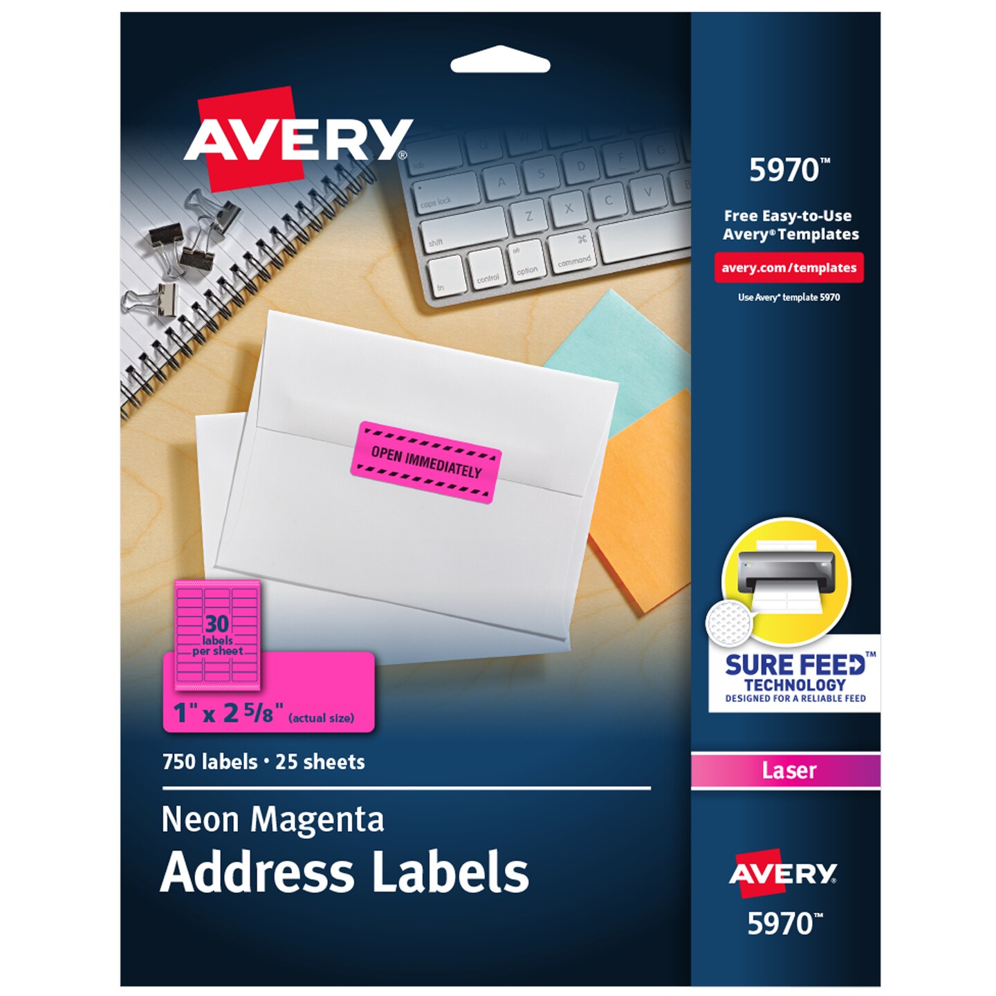 Avery Neon Address Labels with Sure Feed for Laser Printers, 1&#x22; x 2 5/8&#x22;, 750 Pink Labels (5970)