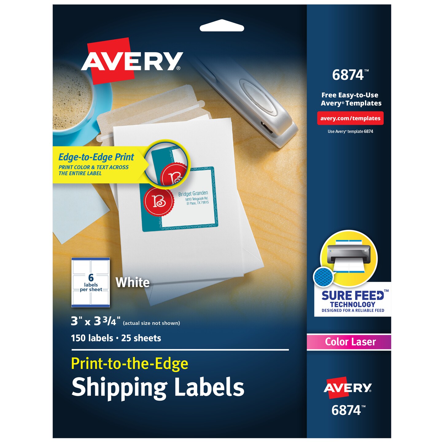 Avery Shipping Labels with Sure Feed for Color Laser Printers, Print-to-the-Edge, 3" x 3-3/4", 150 White Labels (6874)