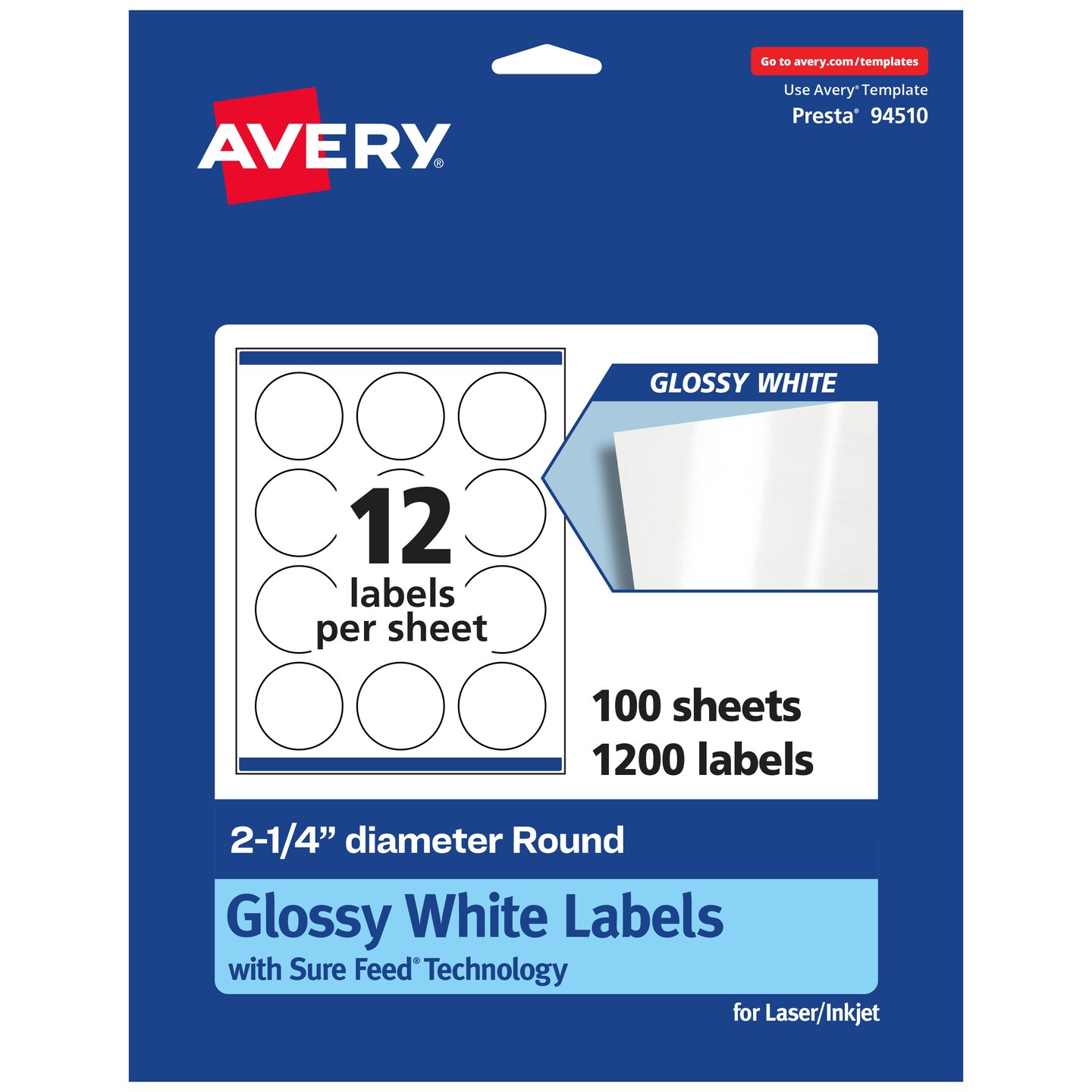 Avery Glossy White Round Labels with Sure Feed, 2.25&#x22; Diameter