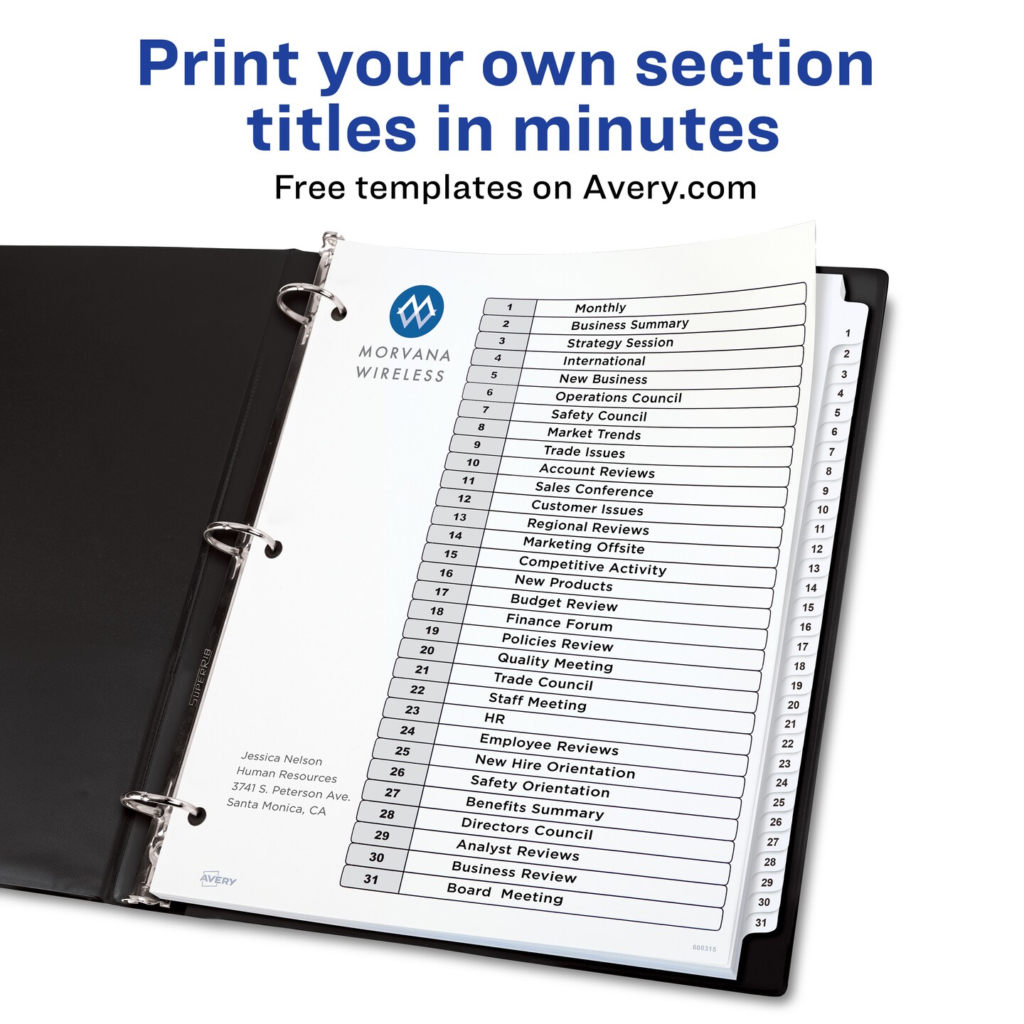 Avery Ready Index 31 Tab Binder Dividers, Customizable Table of Contents, Classic White Tabs, 1 Set (11128)