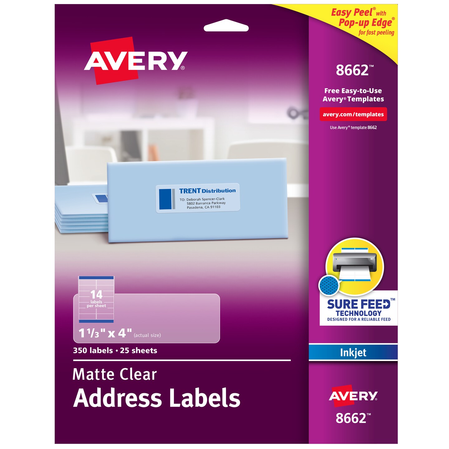 Avery Matte Clear Address Labels, Sure Feed Technology, Inkjet, 1-1/3&#x22; x 4&#x22;, 350 Labels (8662)