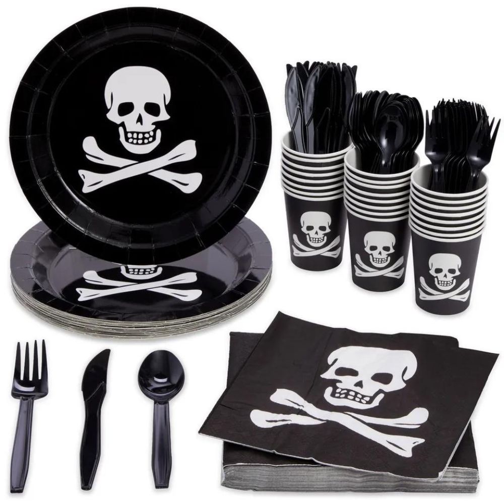 144 Pcs Pirate Party Supplies with Plates, Napkins, Cups and Cutlery, Serves 24