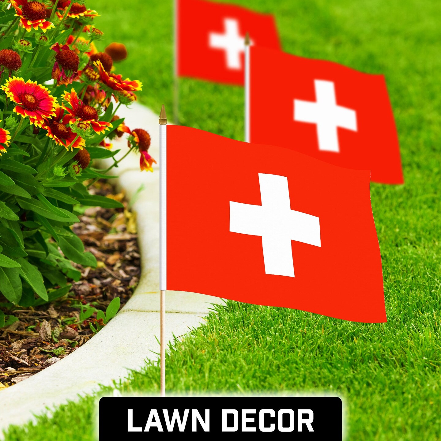 G128 50 Pack Handheld Switzerland Swiss Stick Flags | 12x18 In | Printed 150D Polyester, Country Flag, Solid Wooden Stick, Spear Gold Tip