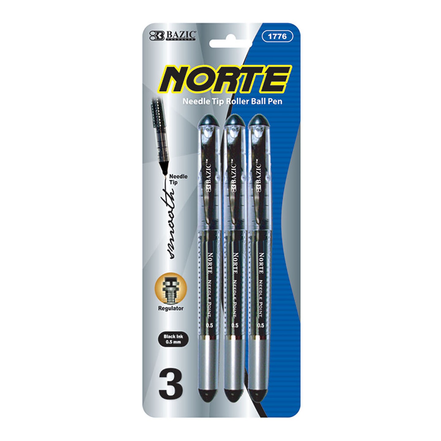 BAZIC Norte Black Needle-Tip Rollerball Pen (3/Pack)