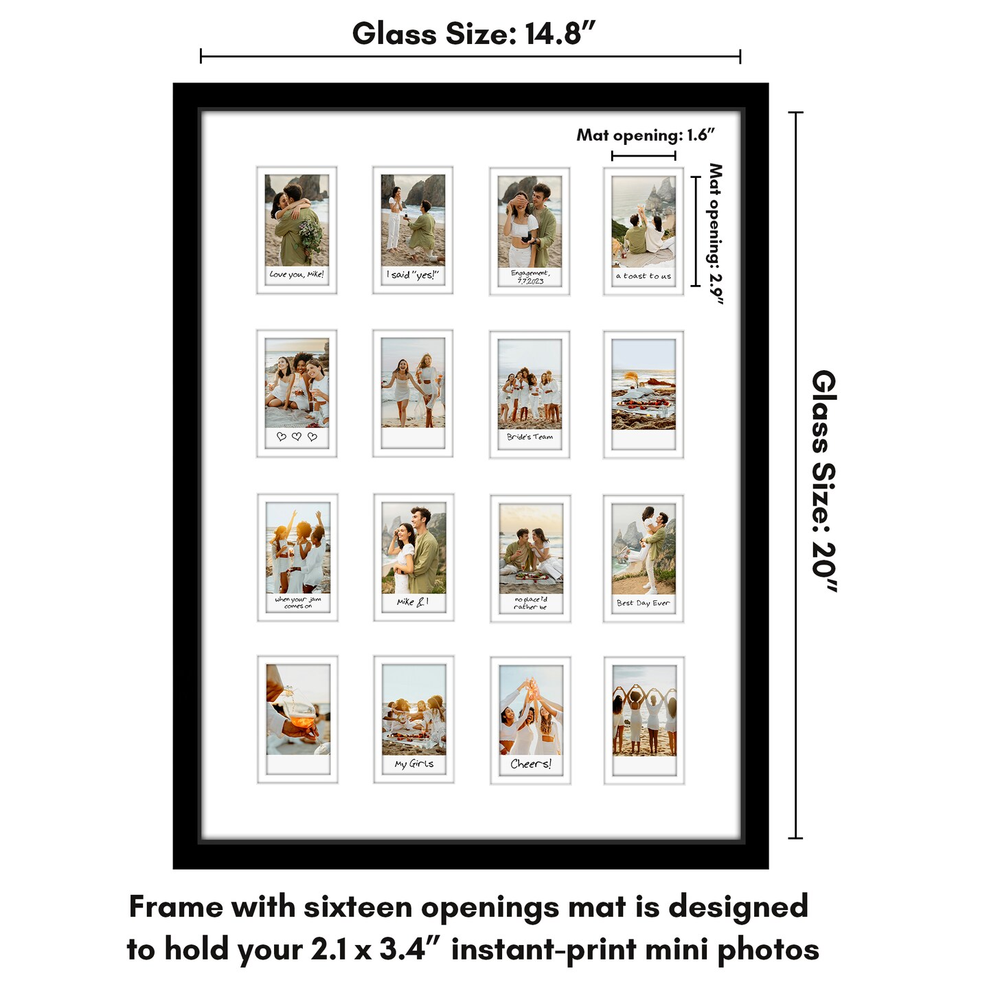 Americanflat 14.8x20 Mini Instant Photo Collage Frame with 16 Openings for 2.1x3.4 Photos - Double White Mat - Instax Mini Photo Frame - Polished Plexiglass Cover - Hanging Hardware - Black