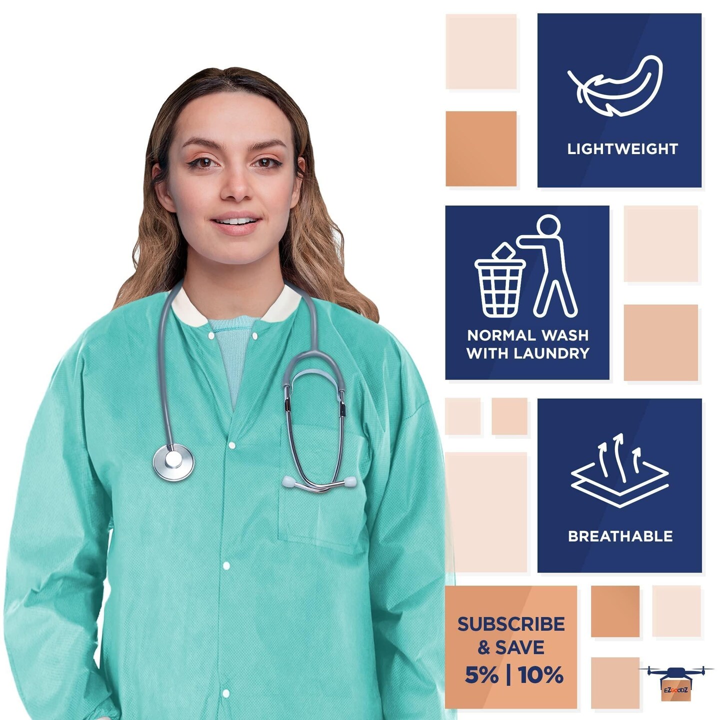 Disposable Lab Jackets Large Pack of 10 Teal Lab Jacket for Men and Women 29 Inches Long PPE Jacket 50 GSM SMS Disposable Jackets Dental with Snaps Front Knit Cuffs &#x26; Collar 3 Pockets