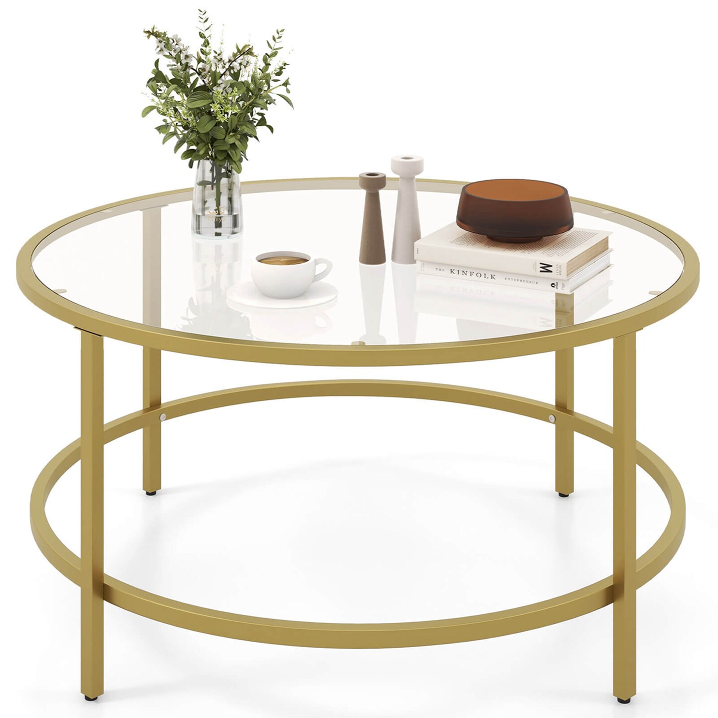 Costway 36'' Round Coffee Table Tempered Glass Tabletop Metal Frame Living Room Black/Golden