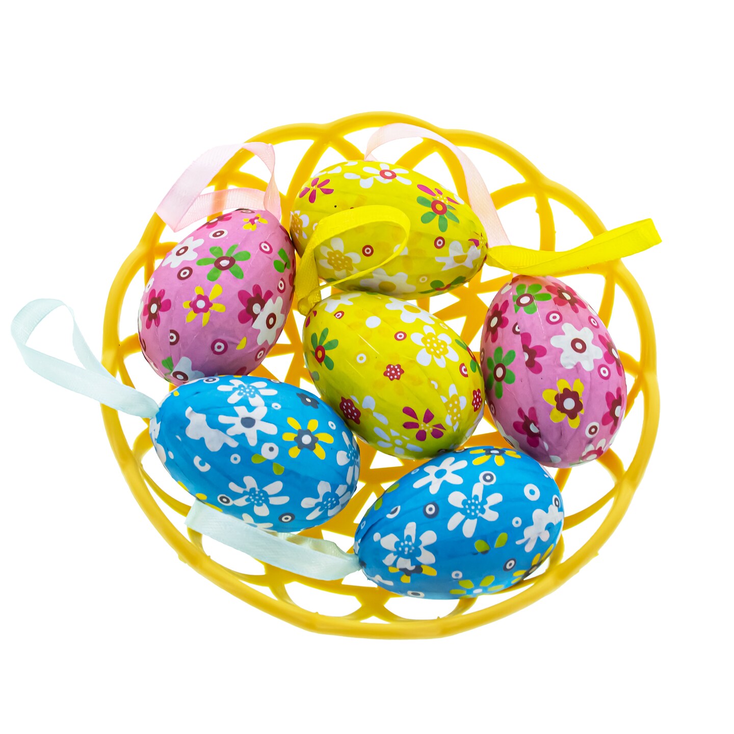 Artistic Charm: Set of 6 Paper Mache Egg Ornaments in Basket