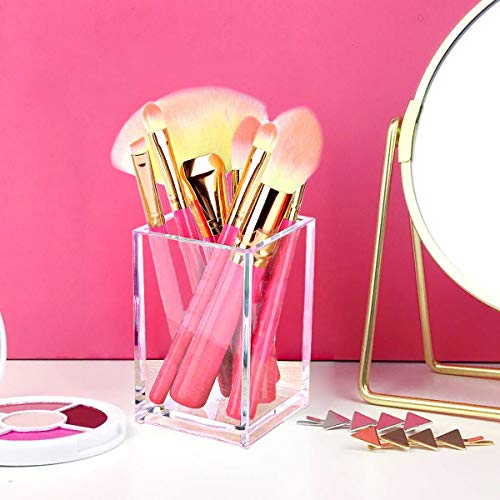 2 Pack Clear Acrylic Pencil Pen Holder Cup,Desk Accessories Holder,Makeup  Brush Storage Organizer,Modern Design Desktop Stationery Organizer for Office  School Home Supplies,2.6x 2.6x 4 inches