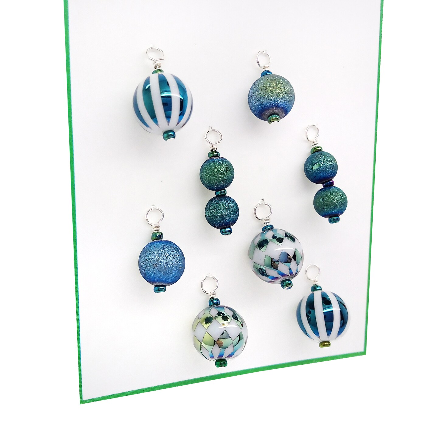 Miniature Christmas Ornaments in Green &#x26; Blue, 8 pieces with Hooks, Glass Balls for Dollhouse Tree, Adorabilities