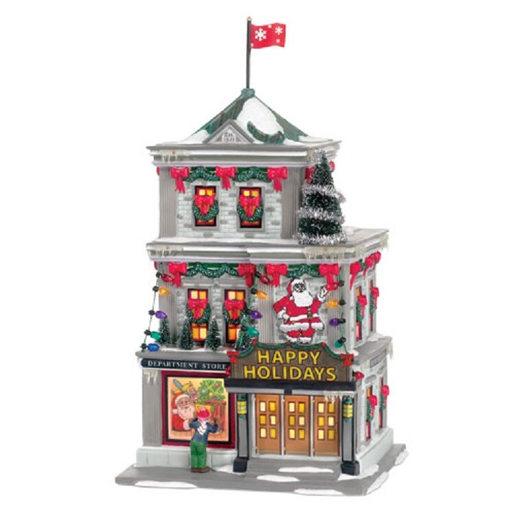 Department 56 9&#x22; Pre-Lit Gray and Red Santa with Elf &#x27;Department Store&#x27; Christmas Tabletop Decor
