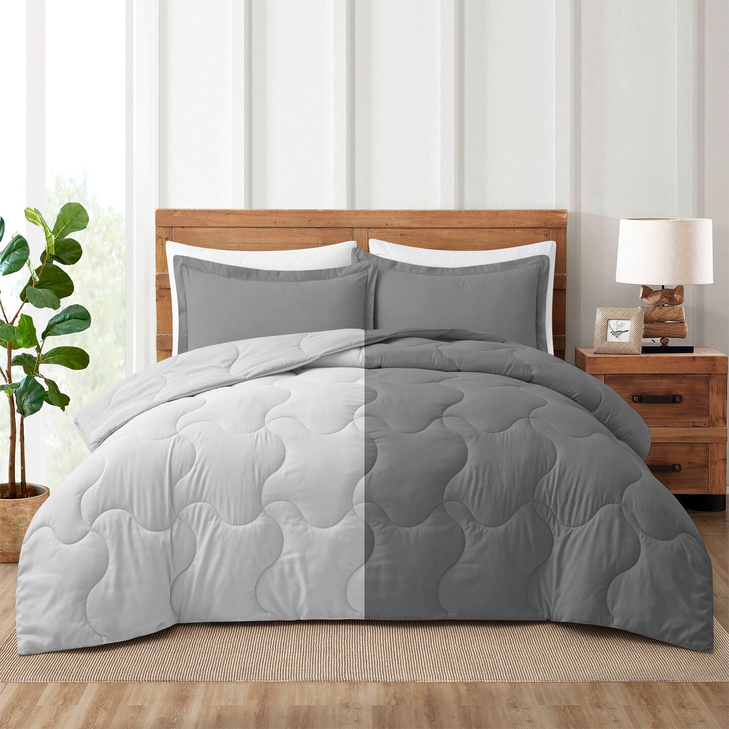 King Lightweight Reversible Microfiber Comforter Set Dark Gray Light Gray