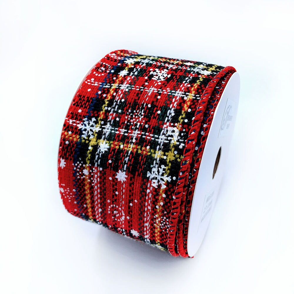 Designer&#x2019;s Shop Holiday Snow Flake Plaid wired edge ribbon 2.5&#x201D; x 10 yard