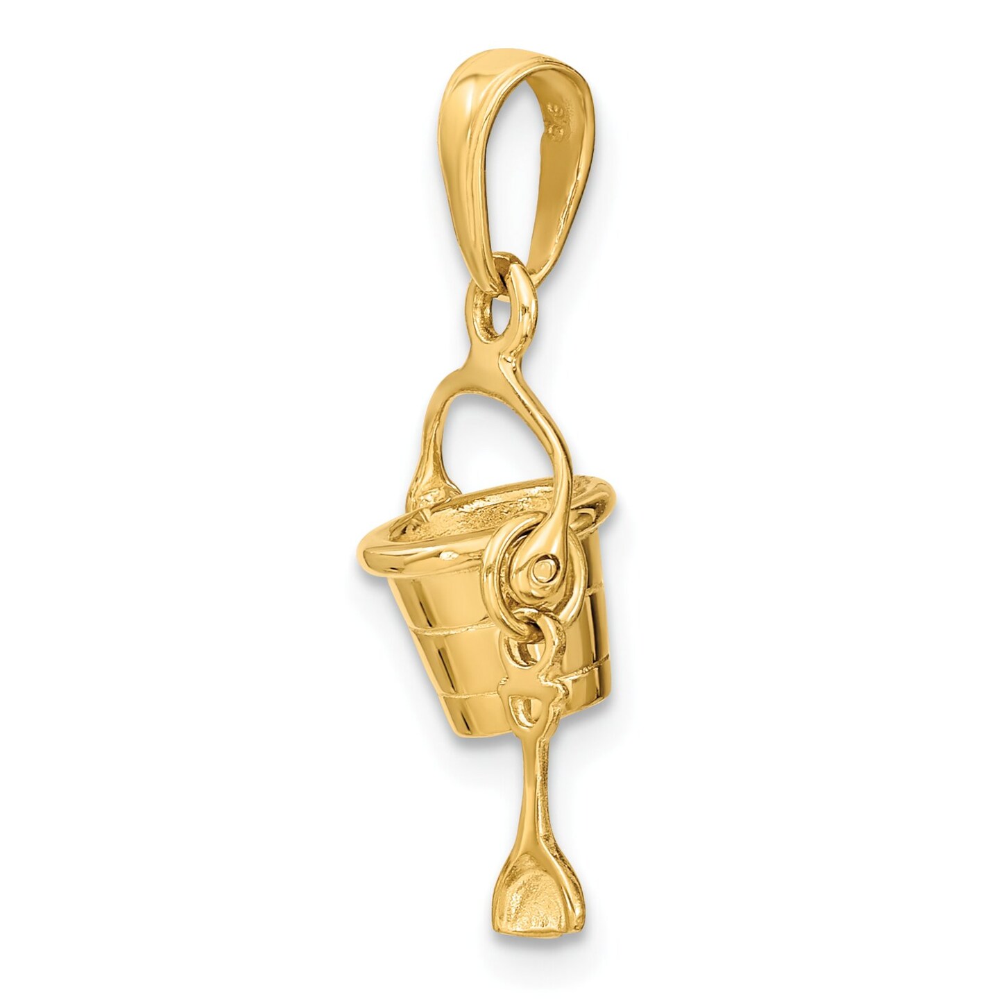 14K Yellow Gold 3D Beach Bucket &#x26; Shovel Charm Pendant Jewerly 21mm x 12mm