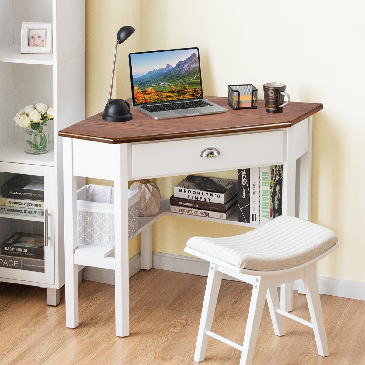Wooden Corner Computer Desk with Big Storage Drawer and Two Open Shelves
