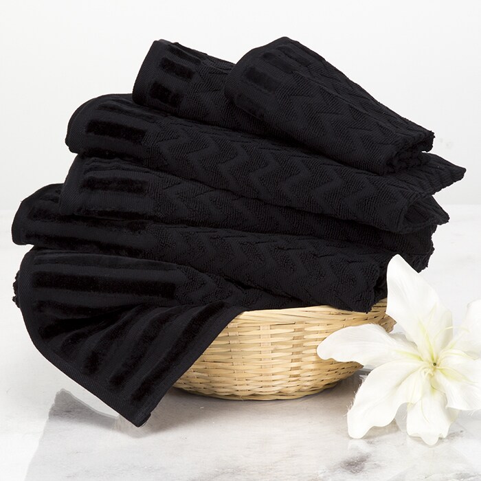 Lavish Home 6 Pc Black Cotton Deluxe Plush Bath Towel Set Chevron Patterned  Plush Sculpted Spa Luxury Decorative Body, Hand and