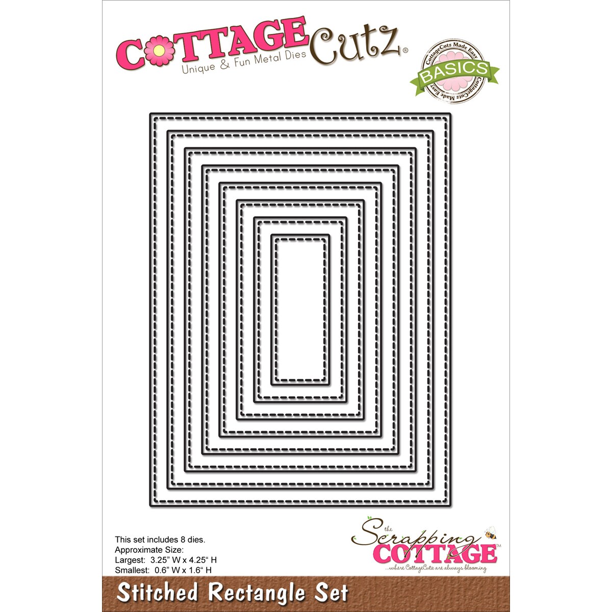 CottageCutz Basics Dies 8/Pkg-Stitched Rectangle, .6" To 4.25"