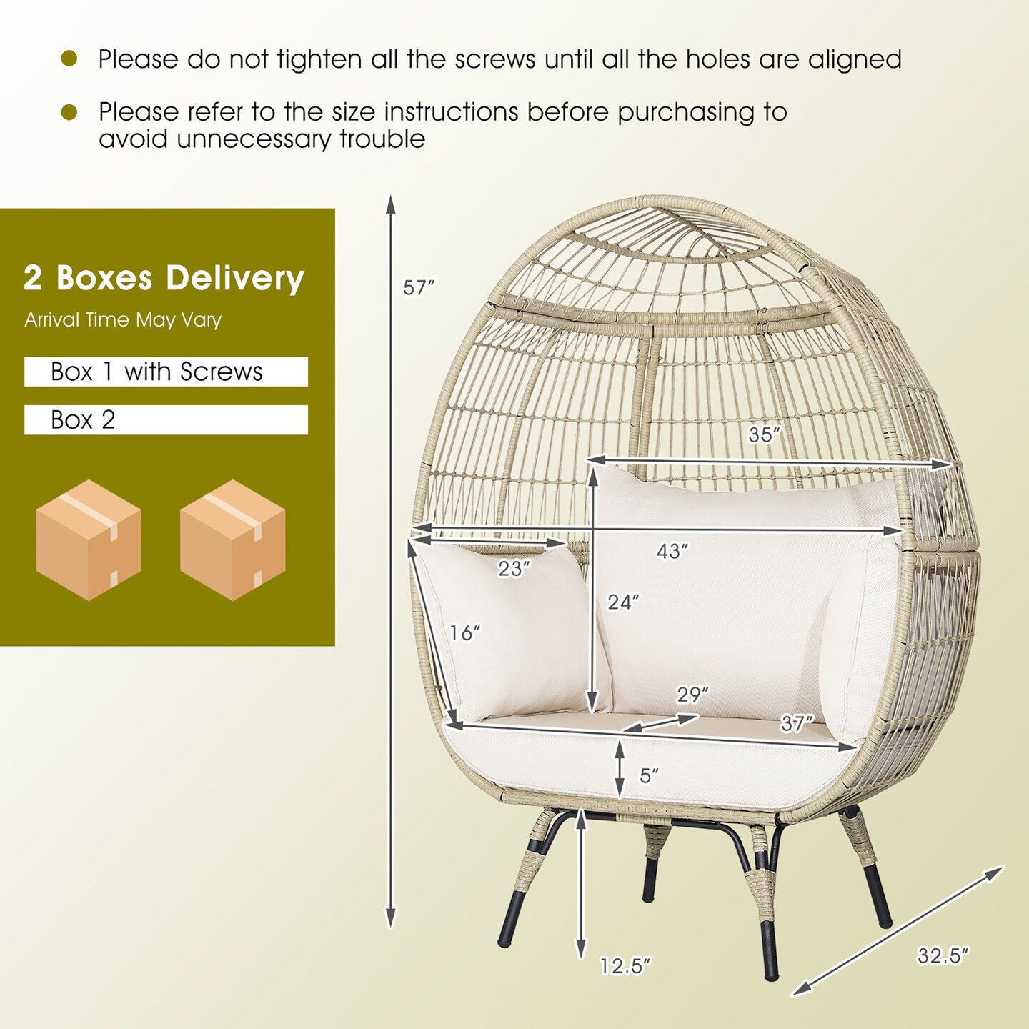 Costway Patio Oversized Rattan Egg Chair Lounge Basket with 4 Cushions for Indoor Outdoor