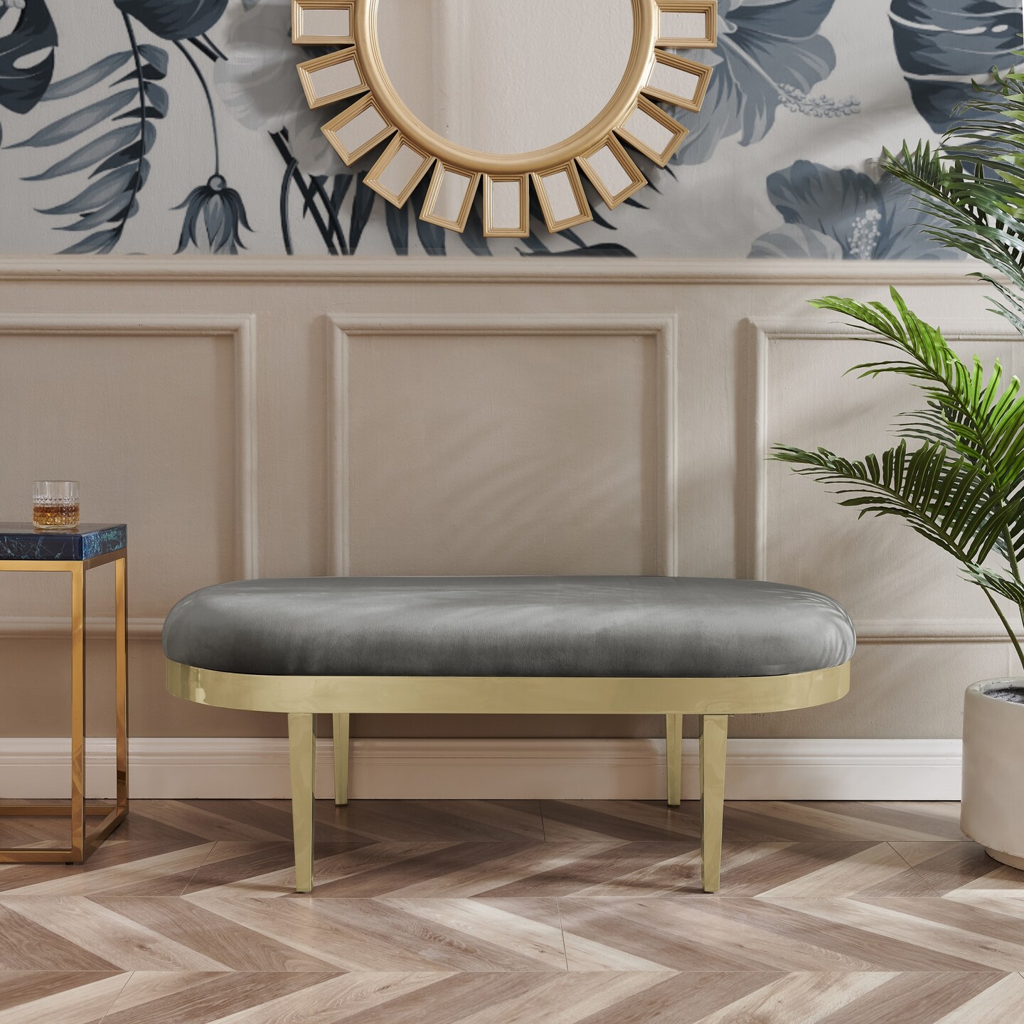 Alia Velvet/PU Leather Metal Bench