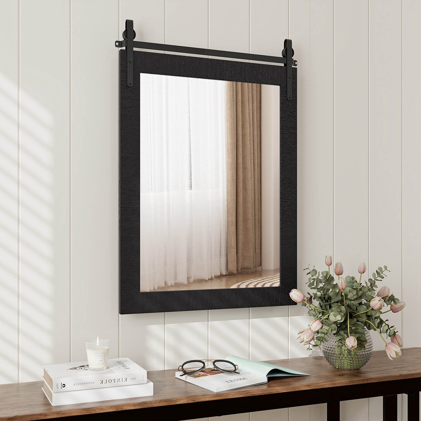 Costway 30&#x27;&#x27;x22&#x27;&#x27; Wall Mount Mirror Decor Vanity Mirror Wood Frame Barn Door Style Black/Walnut