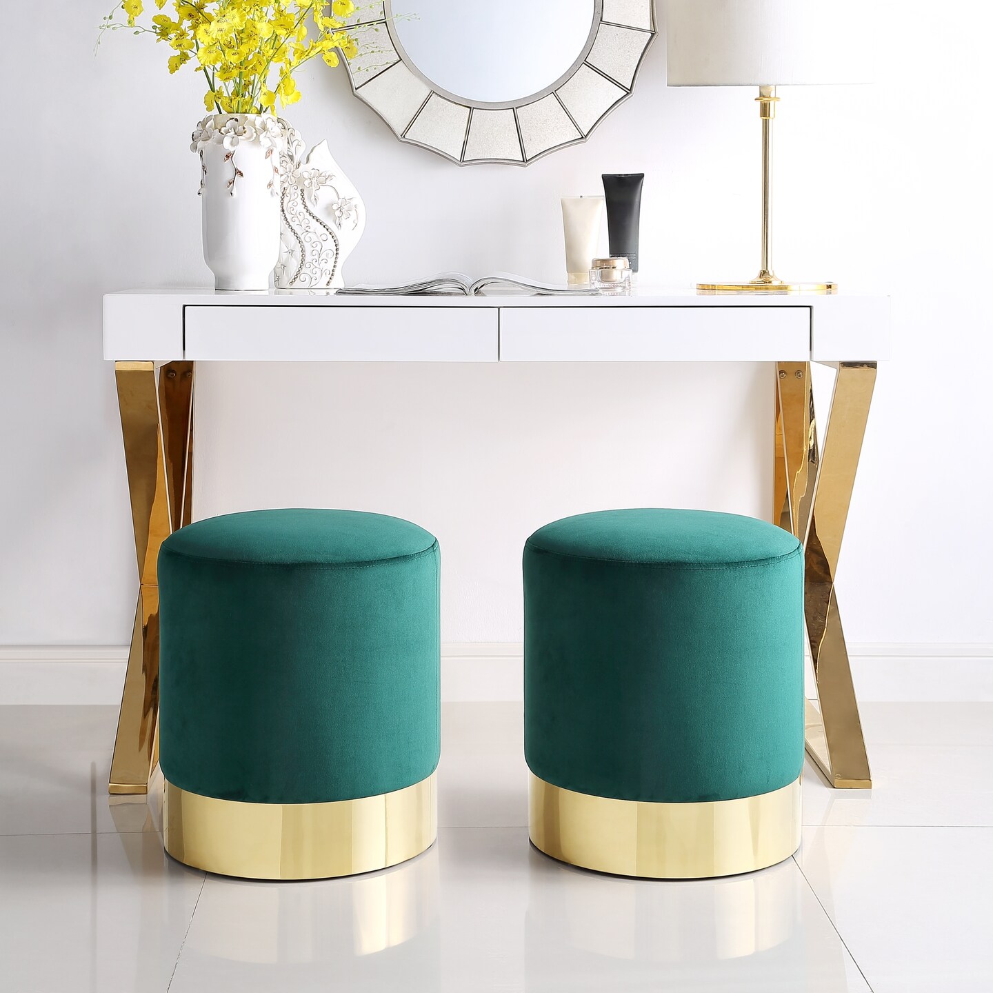 Caroline Velvet Round Ottoman with Metal Base