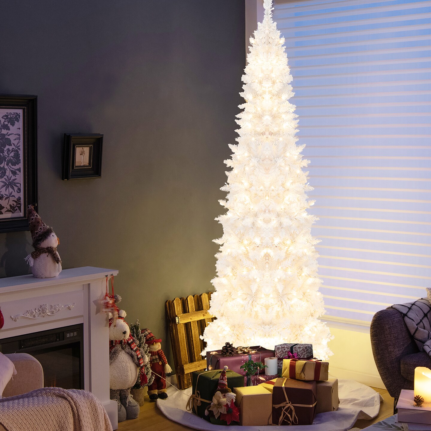 Costway 7FT Pre-Lit Hinged Pencil Christmas Tree White w/ 300 LED Lights &#x26; 8 Flash Modes