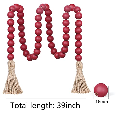 39 inches Wood Bead Garland Farmhouse with Tassels,Versatile Prayer Beads Boho Chic Wall Hanging Home Decor (Burgundy)