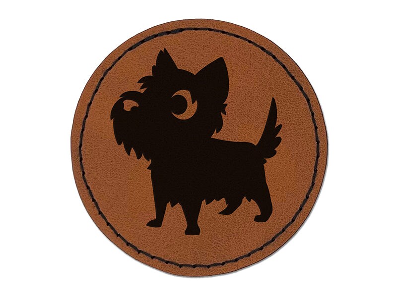 Lovable Cartoon Cairn Terrier Round Iron-On Engraved Faux Leather Patch Applique - 2.5&#x22;