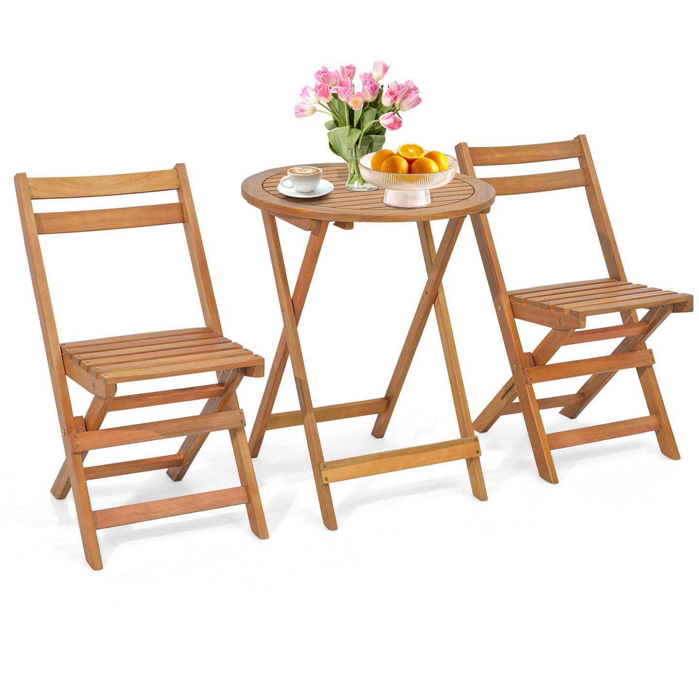 Costway 3 PCS Folding Patio Bistro Set Solid Acacia Wood Table &#x26; Chairs Slatted Tabletop