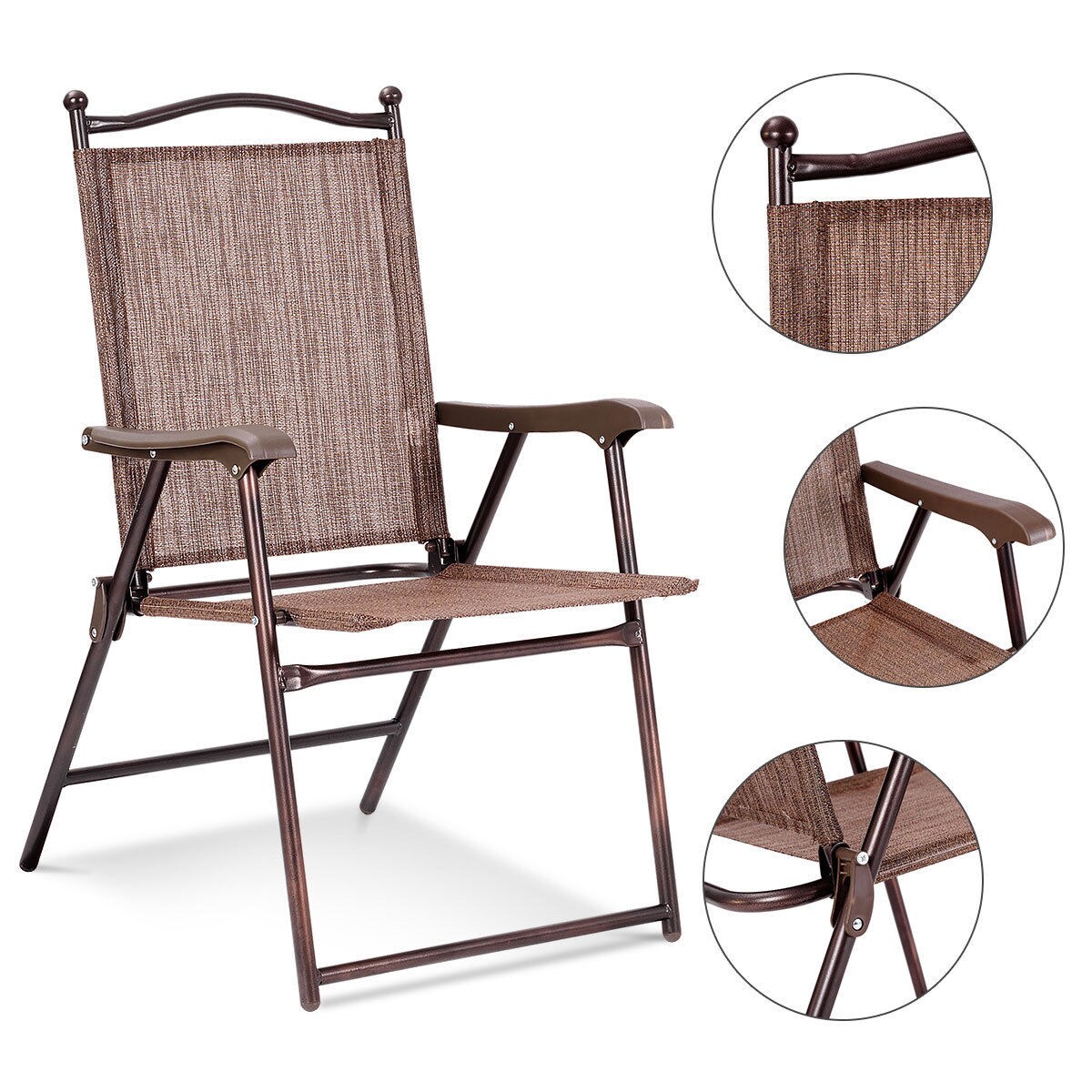 Costway Set of 2 Patio Folding Sling Back Chairs Camping Deck Garden Beach Brown