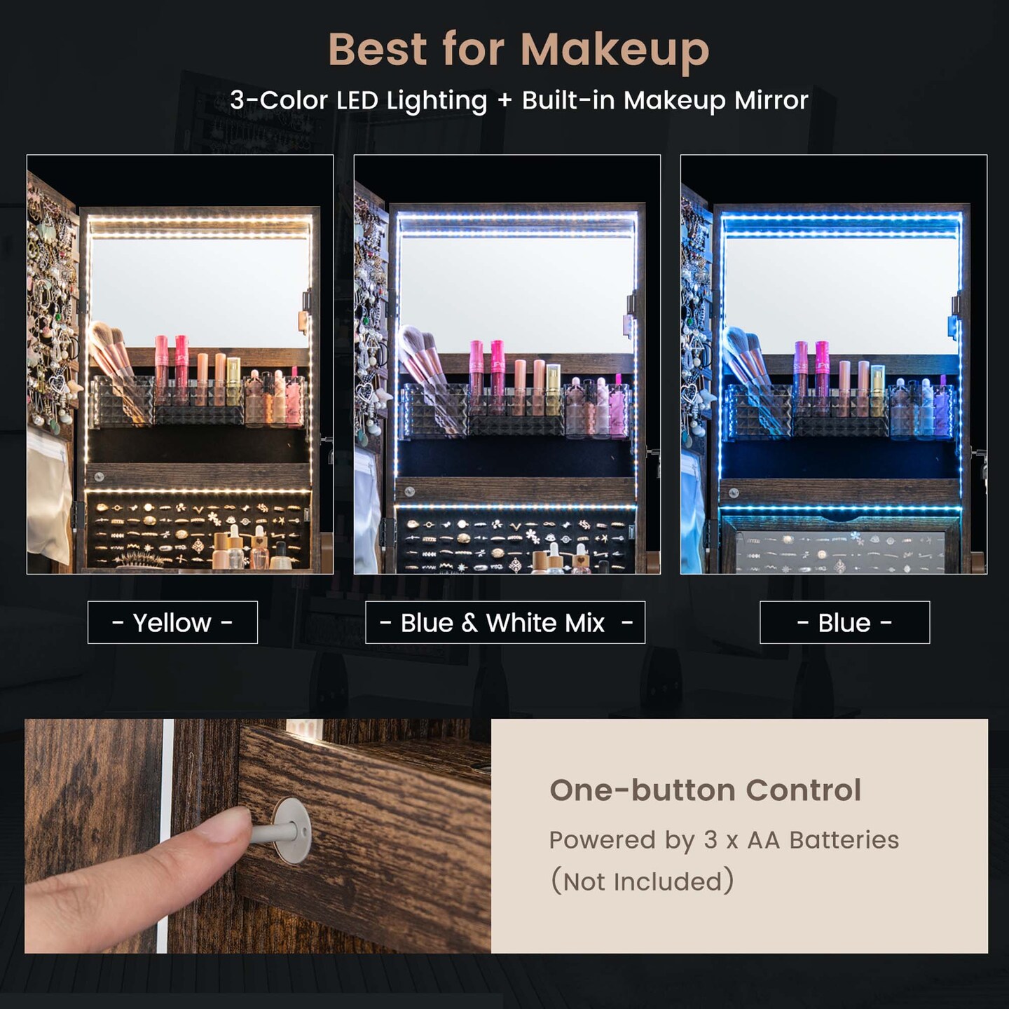 Costway Jewelry Cabinet Armoire Full-Length Mirror Lockable with 3-Color LED Lights Brown/Coffee/White