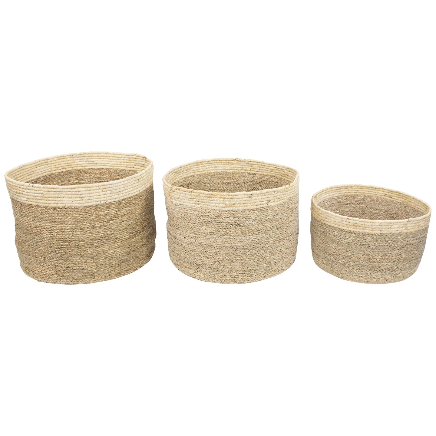 Northlight Set of 3 Twisted Weave and Zig Zag Sewn Seagrass Storage Baskets 16.5&#x22;