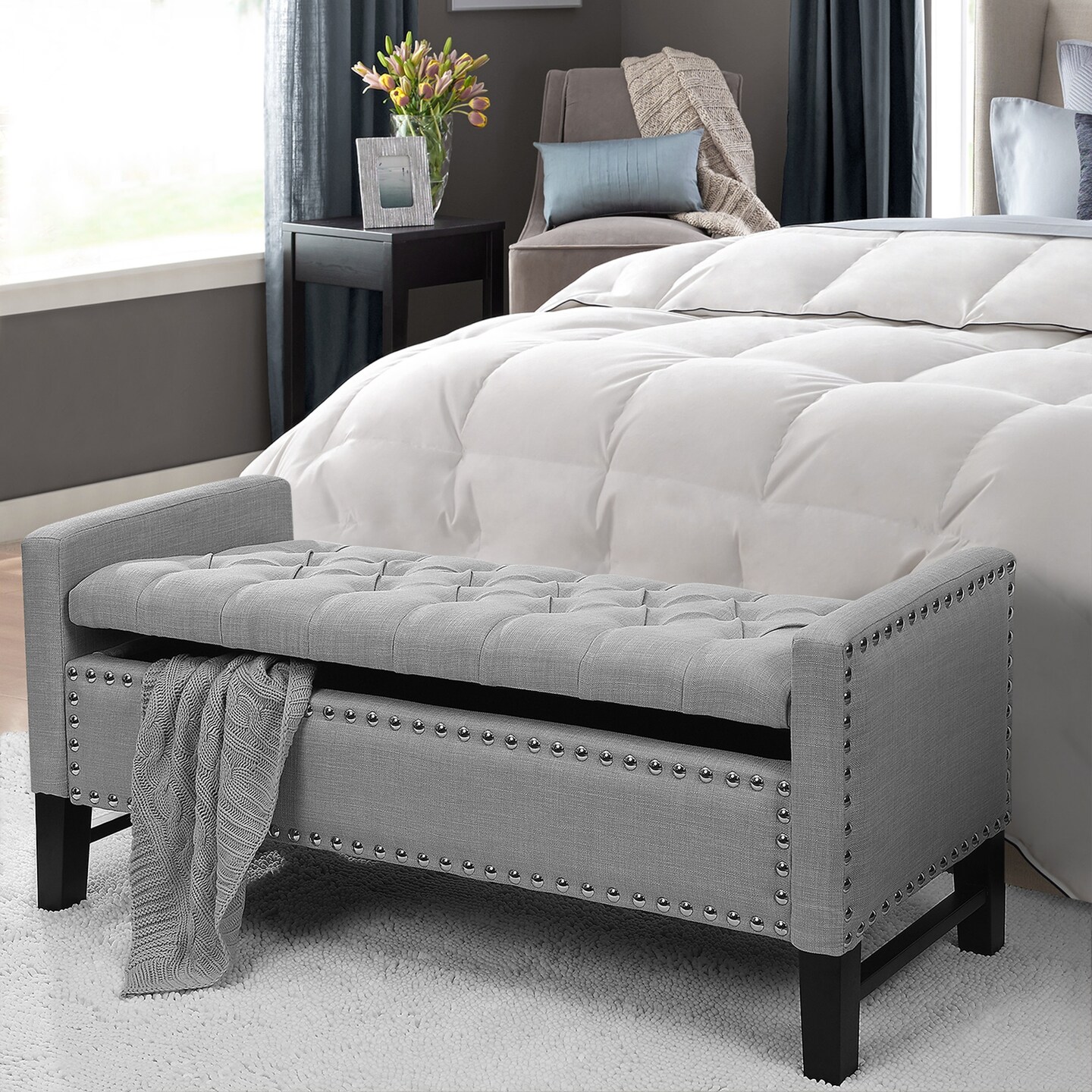 Emmaline PU Leather/Linen/Velvet Button Tufted Nailhead Trim Storage Bench