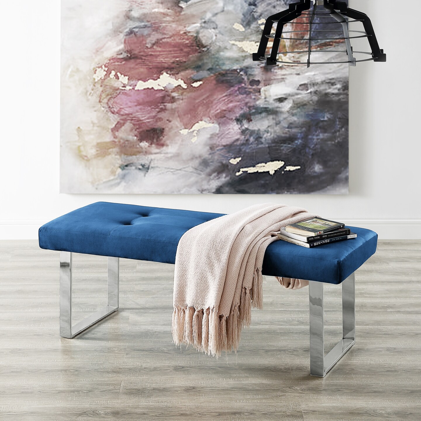 Alonso PU Leather/Velvet Tufted Square Metal Leg Bench With Gold/Chrome Legs