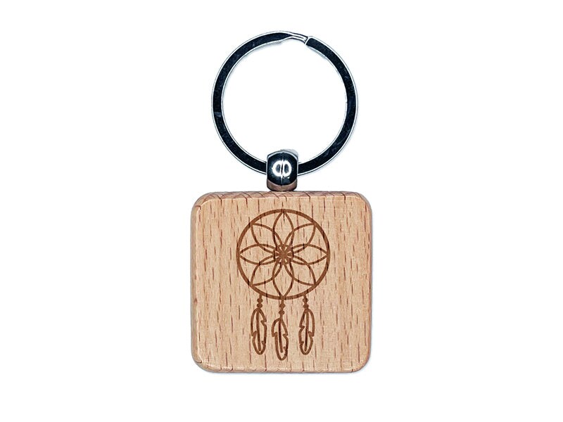 Dream Catcher Engraved Wood Square Keychain Tag Charm