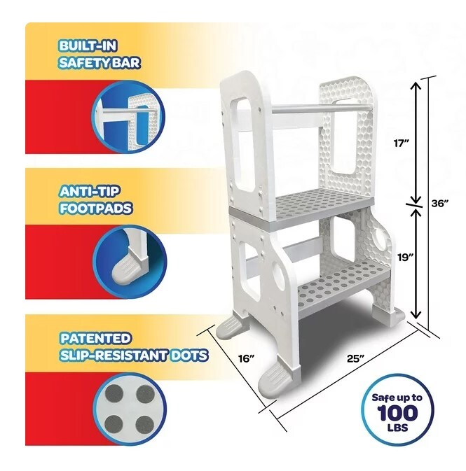 Kitchen Buddy 2-in-1 Stool for Ages 1-3 is designed to support up to 100 pounds.
