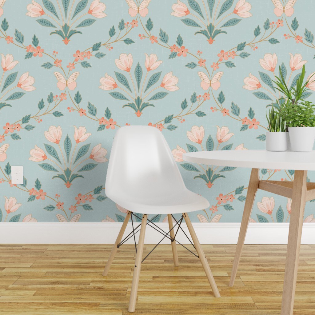 Peel &#x26; Stick Wallpaper 2FT Wide Floral Damask Butterflies Spring Flowers Symmetrical Tulips Leaves Botanical Custom Removable Wallpaper by Spoonflower