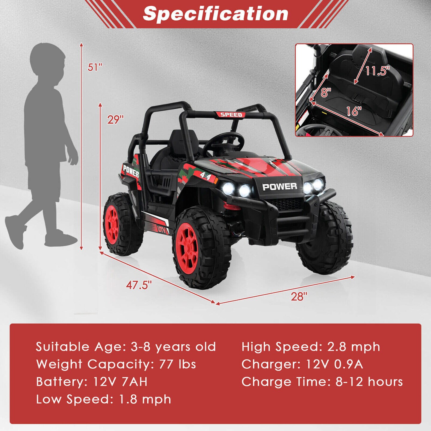 12V Kids UTV Ride on Car with 2.4G Remote Control Music and LED Lights