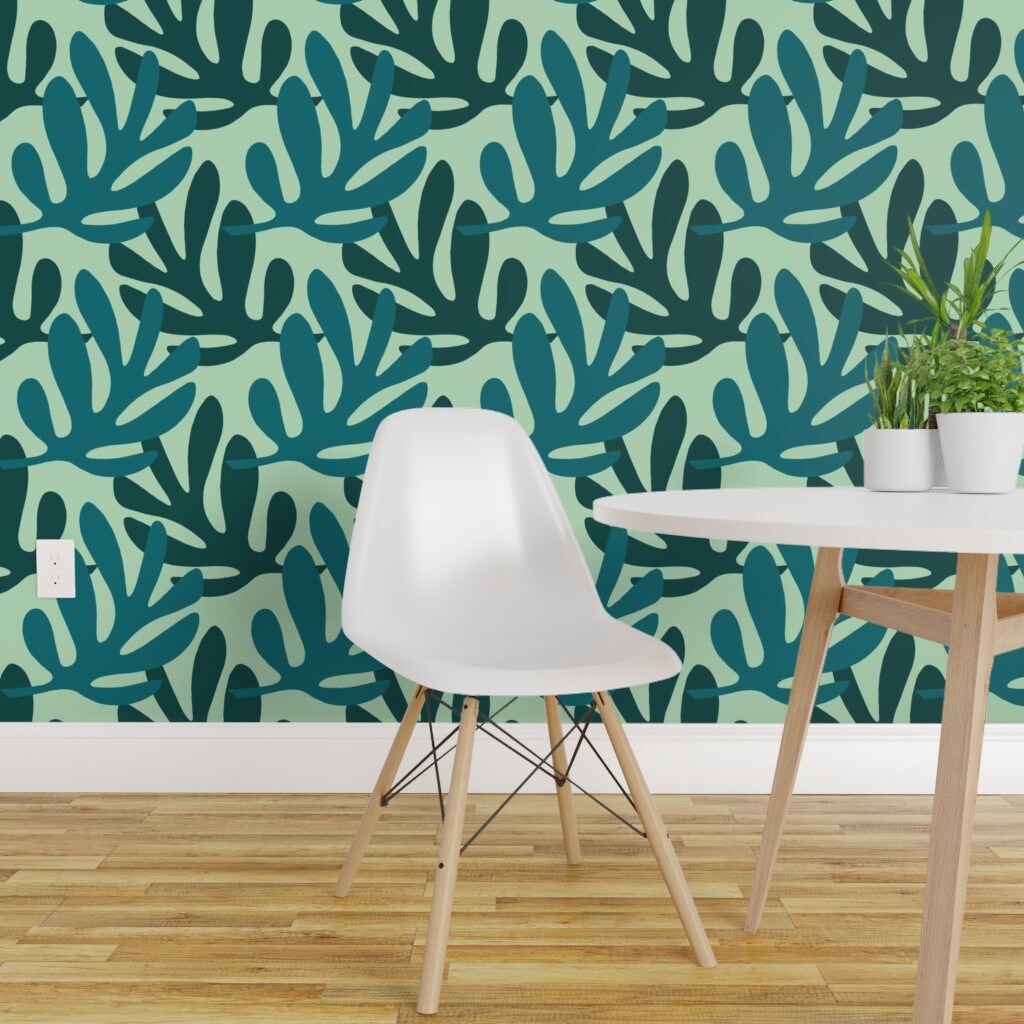 Peel &#x26; Stick Wallpaper 2FT Wide Leaves Silhouette Green Monochrome Plant Botanical Nature Custom Removable Wallpaper by Spoonflower