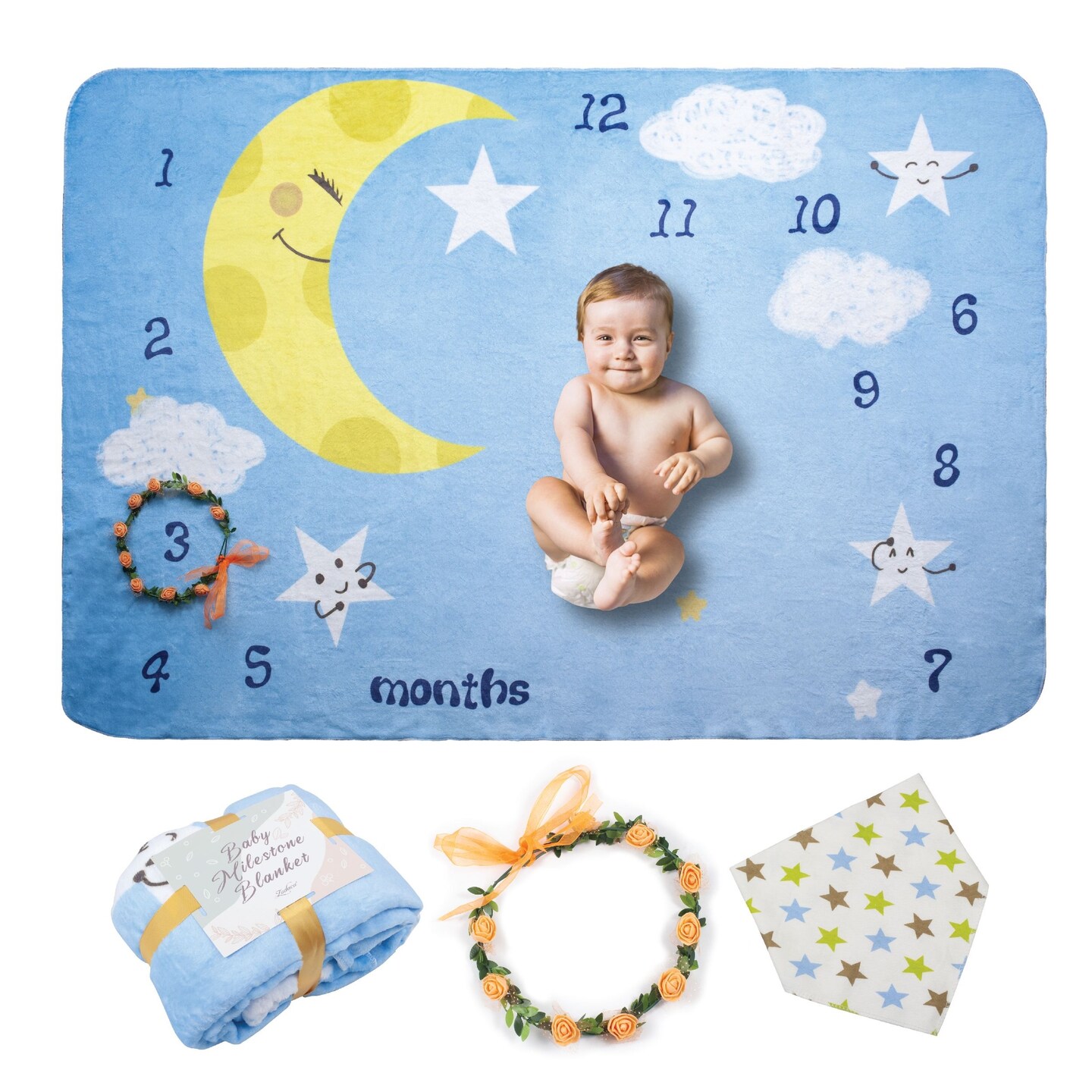 Zodaca Baby Monthly Milestone Blanket for Newborn Boy &#x26; Girl Unisex Photo Blanket with Bib &#x26; Wreath Gift, Blue Moon 39&#x22;x59&#x22;