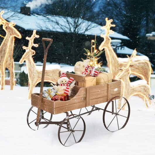 Wooden Wagon Plant Bed With Wheel for Garden Yard