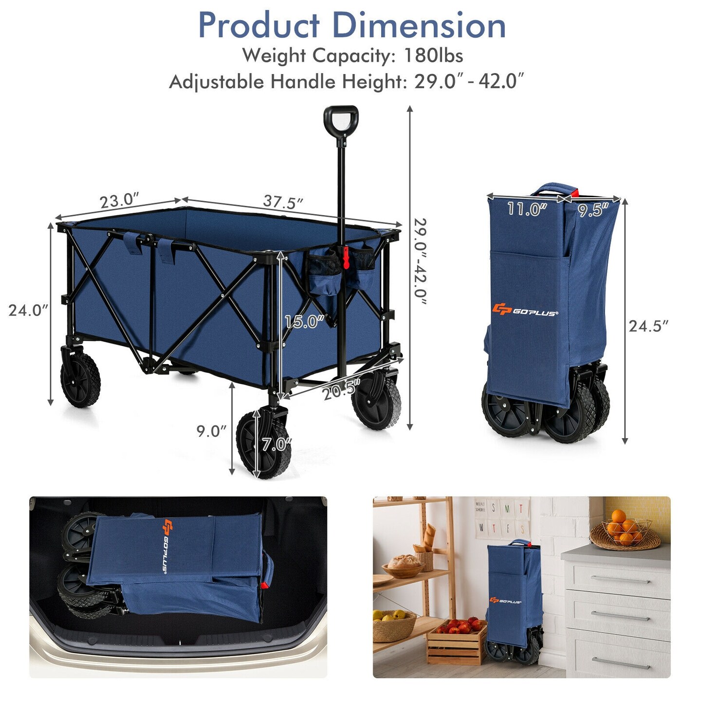 Outdoor Folding Utility Wagon Cart with Adjustable Handle and Cup Holder for All-Terrain Wheels