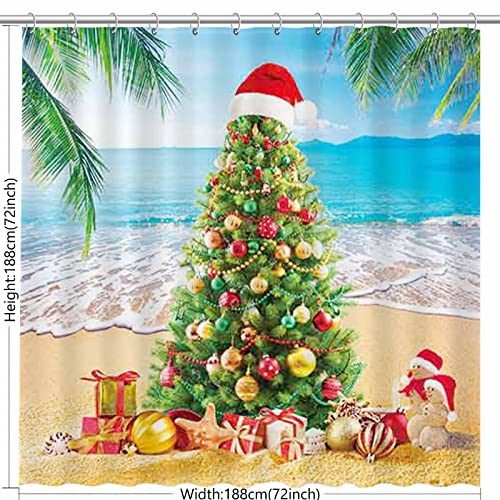Summer Christmas Tree Shower Curtain Tropical Beach Xmas in July New Year Home Bathtubs Bathroom Curtain Decoration Set 12 Hooks Washable Durable Polyester Fabric 72&#x22; x 72&#x22;