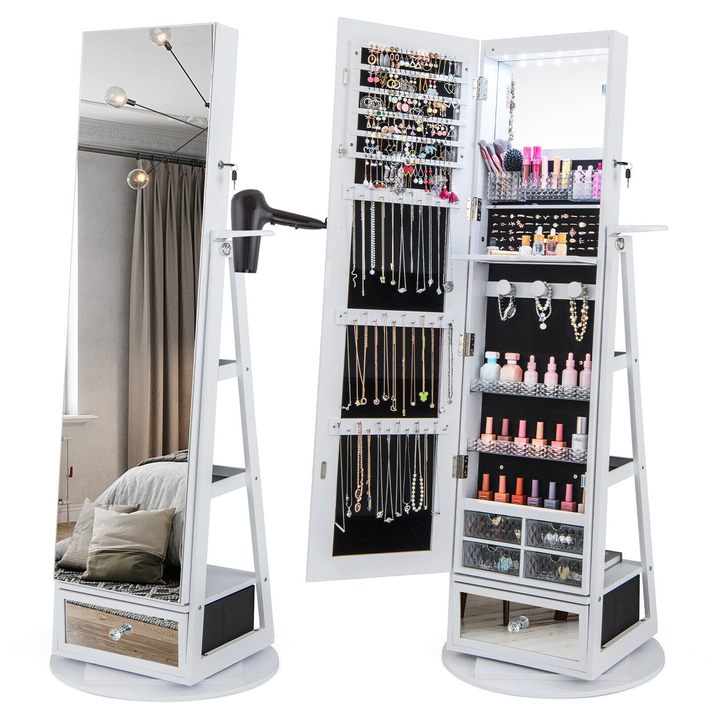 Lockable 360&#xB0; Swivel Jewelry Cabinet with Full-Length Mirror LED Lights-White