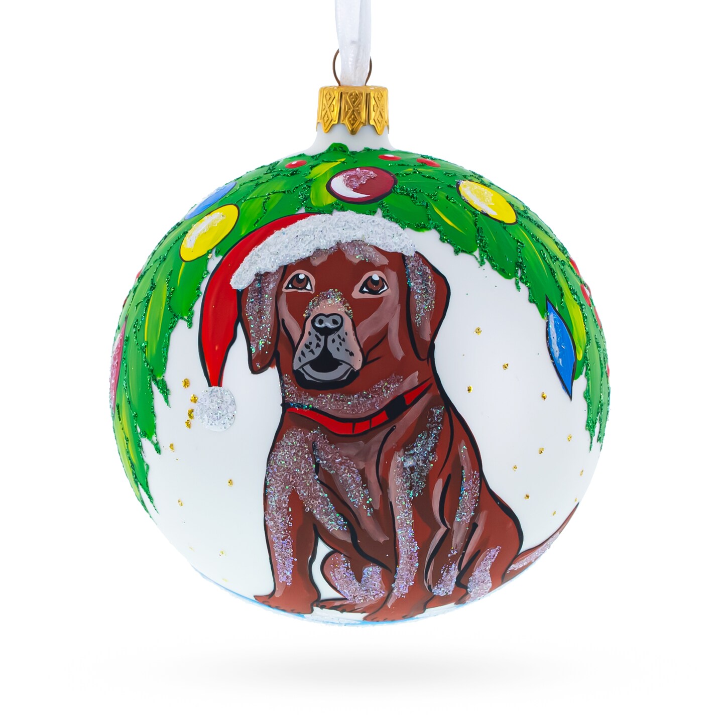 Chocolate Labrador in Santa Hat Glass Ball Christmas Ornament 4 Inches