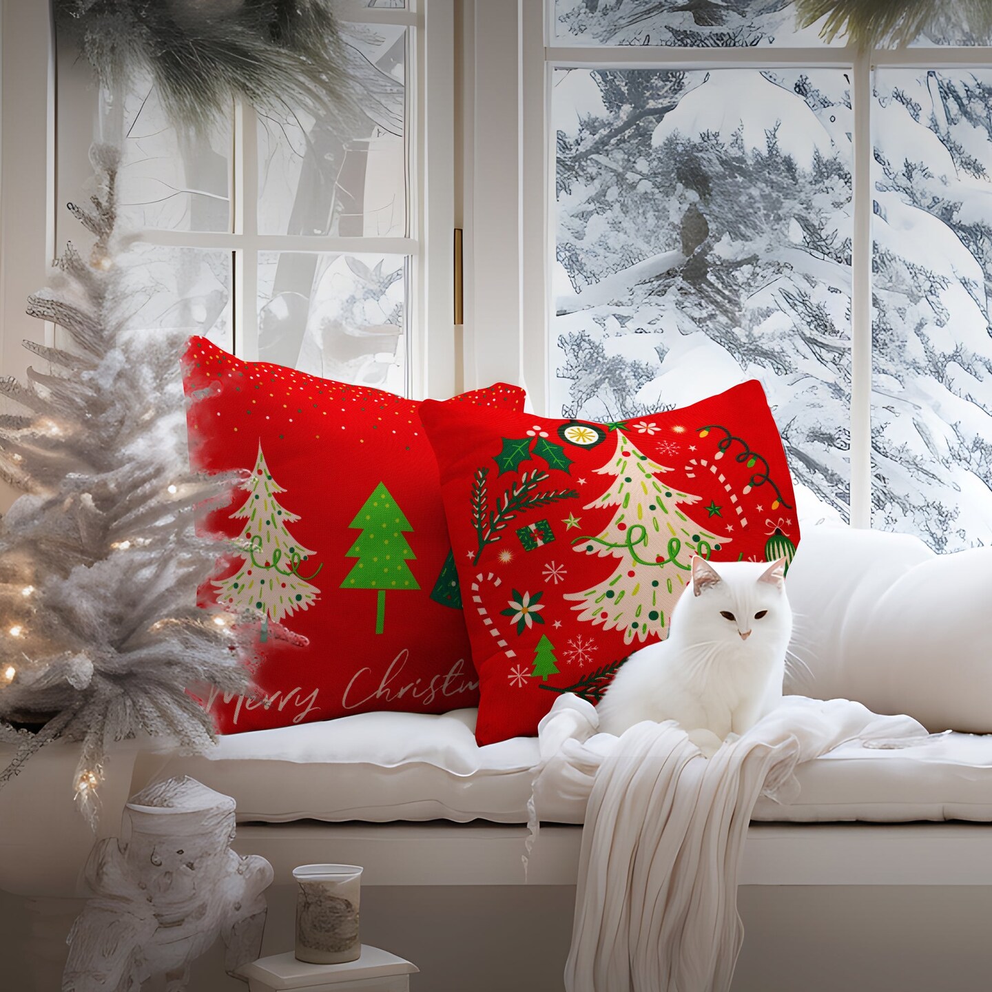 G128 Christmas Decoration Elegant Pine Spruce Waterproof Throw Pillow | 18 x 18 in | Set of 4, Beautiful Cushion Covers for Christmas Sofa Couch Decoration, Pillow Insert Included