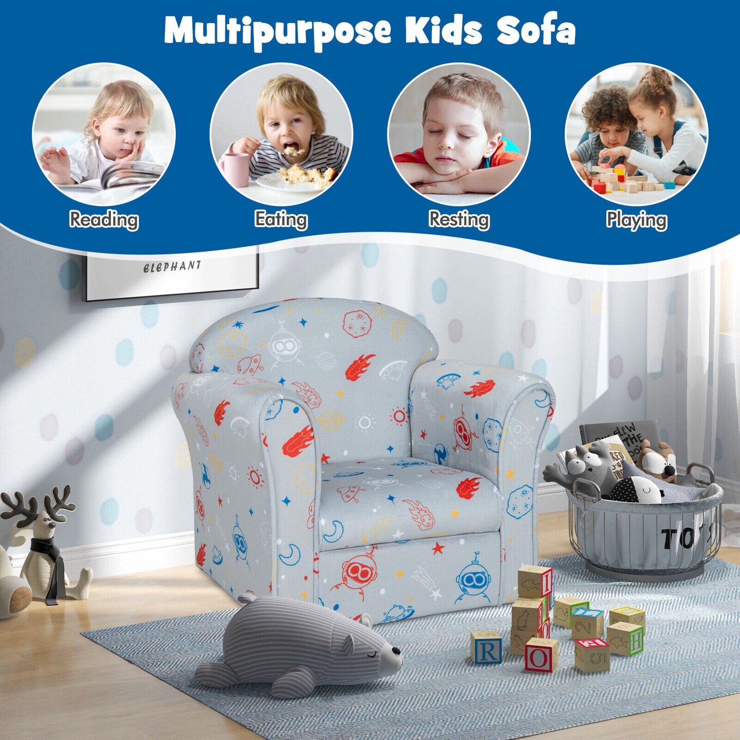 Toddler Upholstered Armchair With Solid Wooden Frame And High-density Sponge Filling