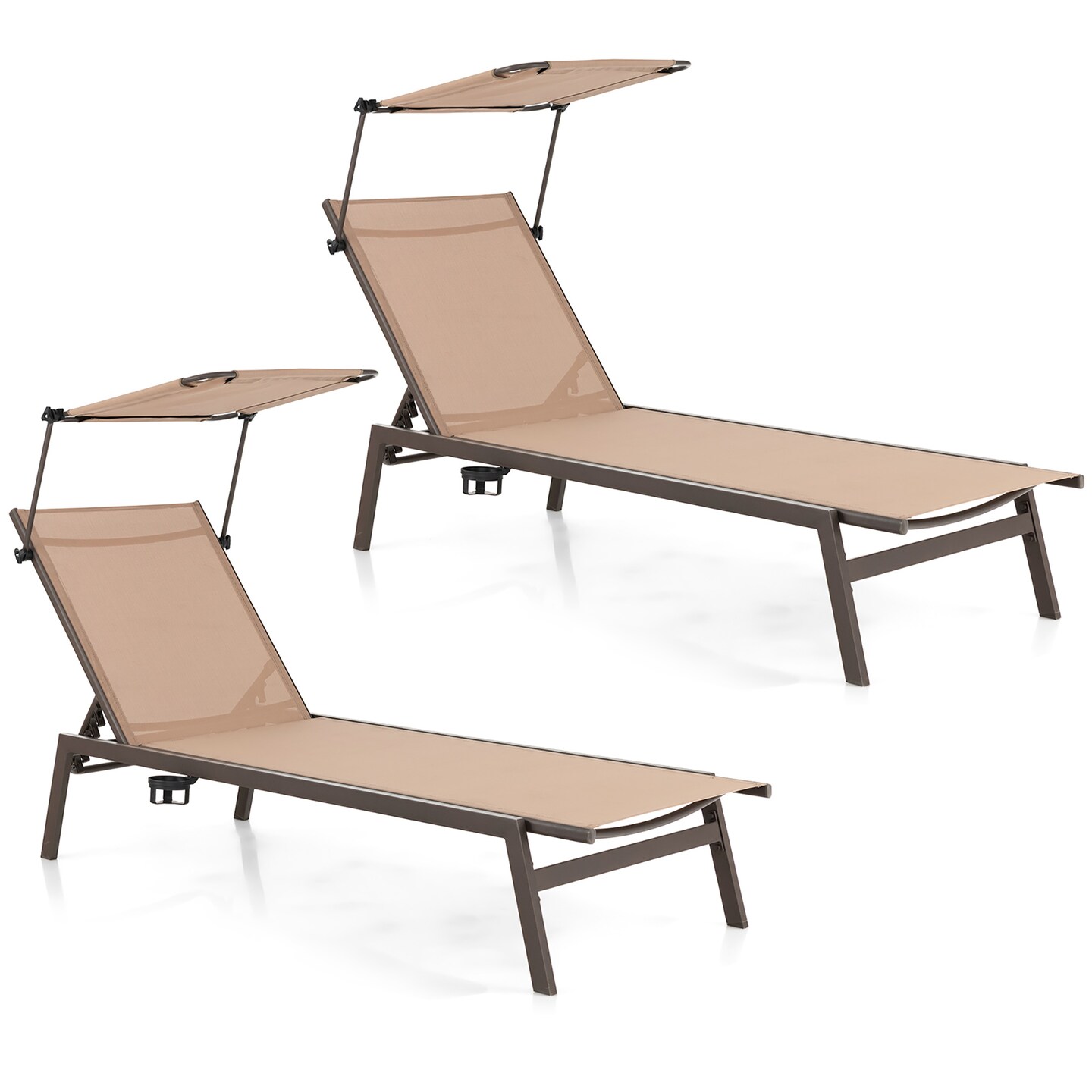 Costway 2 PCS Outdoor Chaise Lounge Chair with Sunshade 6-Level Adjustable Recliner